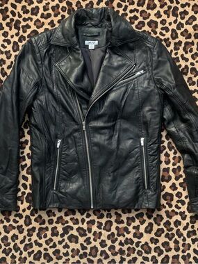 DKNY Black Leather Asymmetrical Zip Moto Jacket